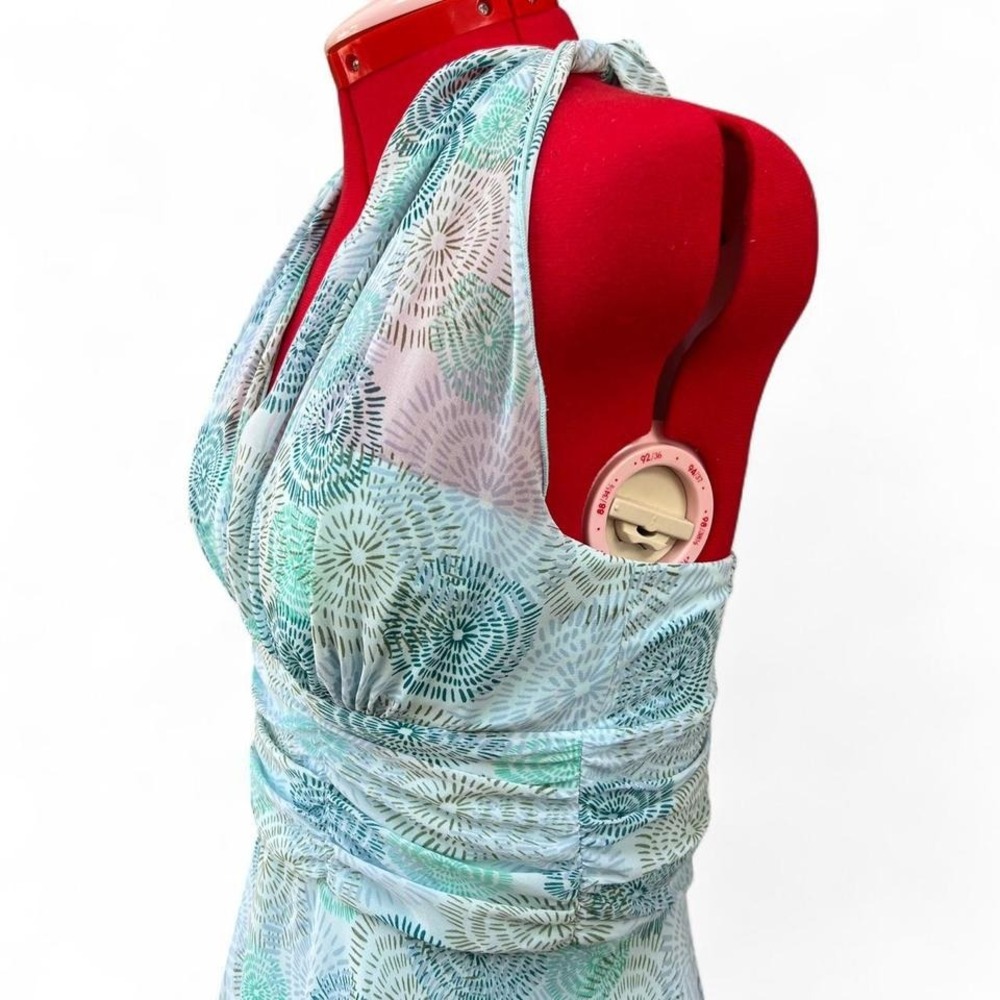 Connected Apparel Y2K Light Blue & Green Swirl Halter Dress Ruched Waist Size 8 - Picture 6 of 7
